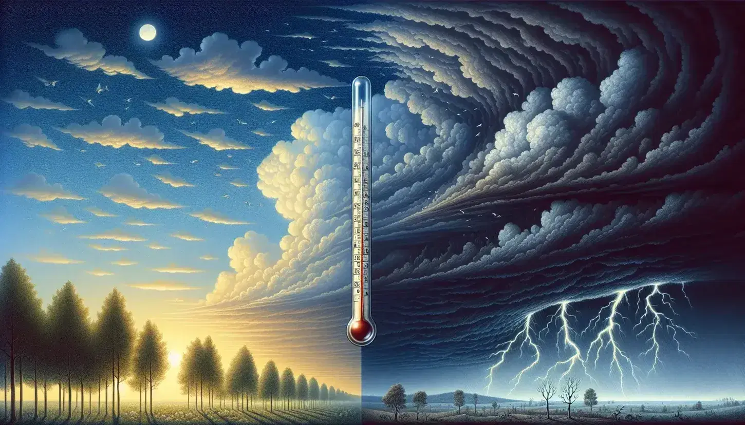 Cielo diviso tra serenità con nuvole bianche e tempesta con fulmini, albero al vento e termometro al centro.