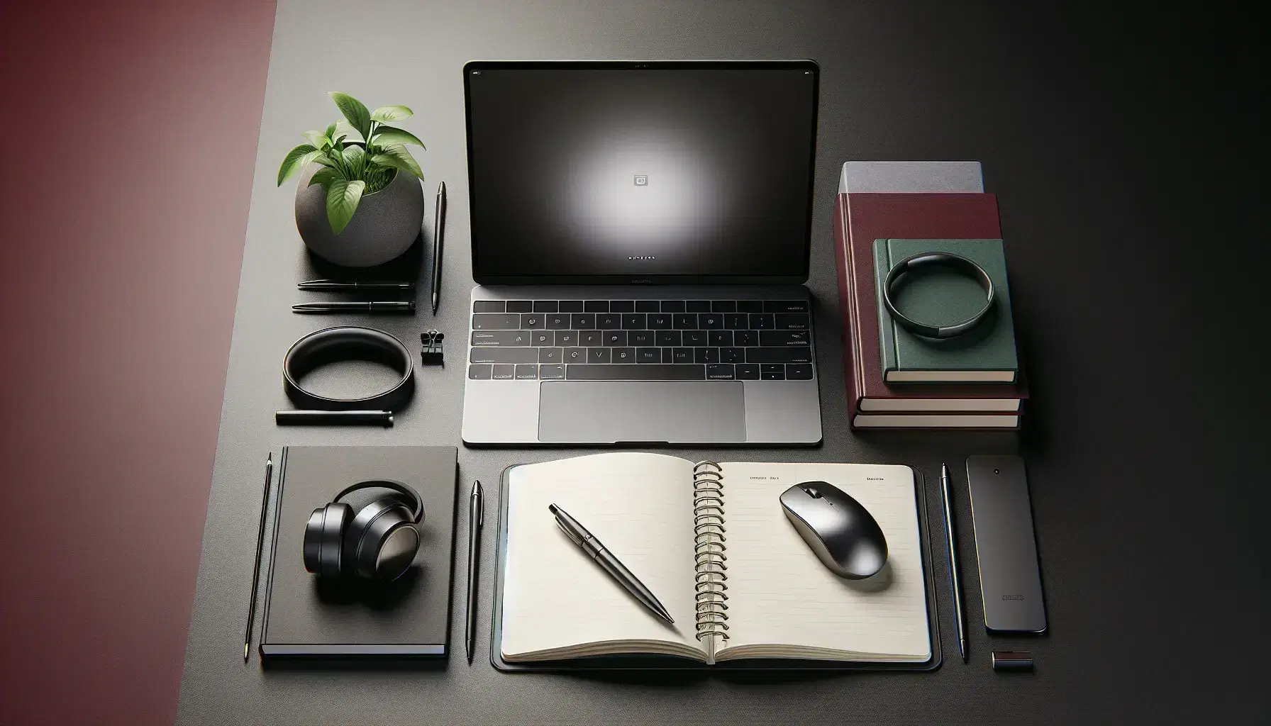 Modern office desk setup with open laptop, wireless mouse, blank notepad with pen, headphones on books, and potted plant on a wooden surface.