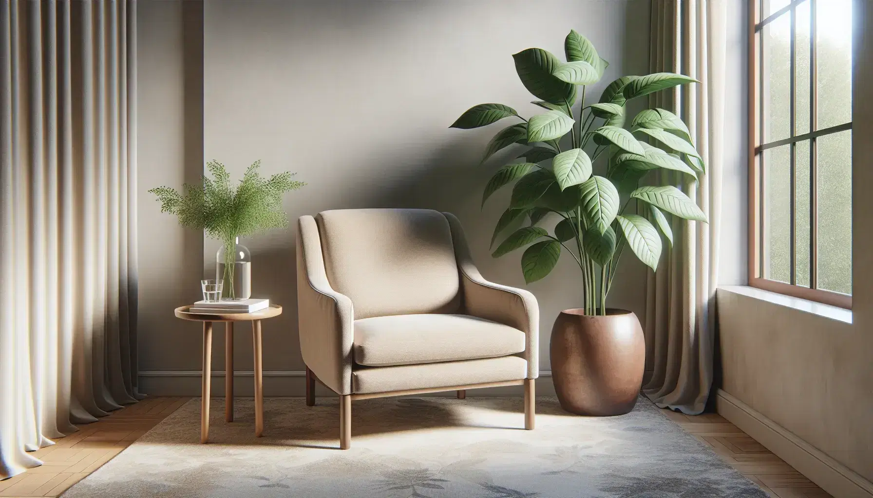 Cozy therapeutic office with beige armchair, wooden coffee table, vase with green leaves and tall plant, light blue walls and light wooden floor.