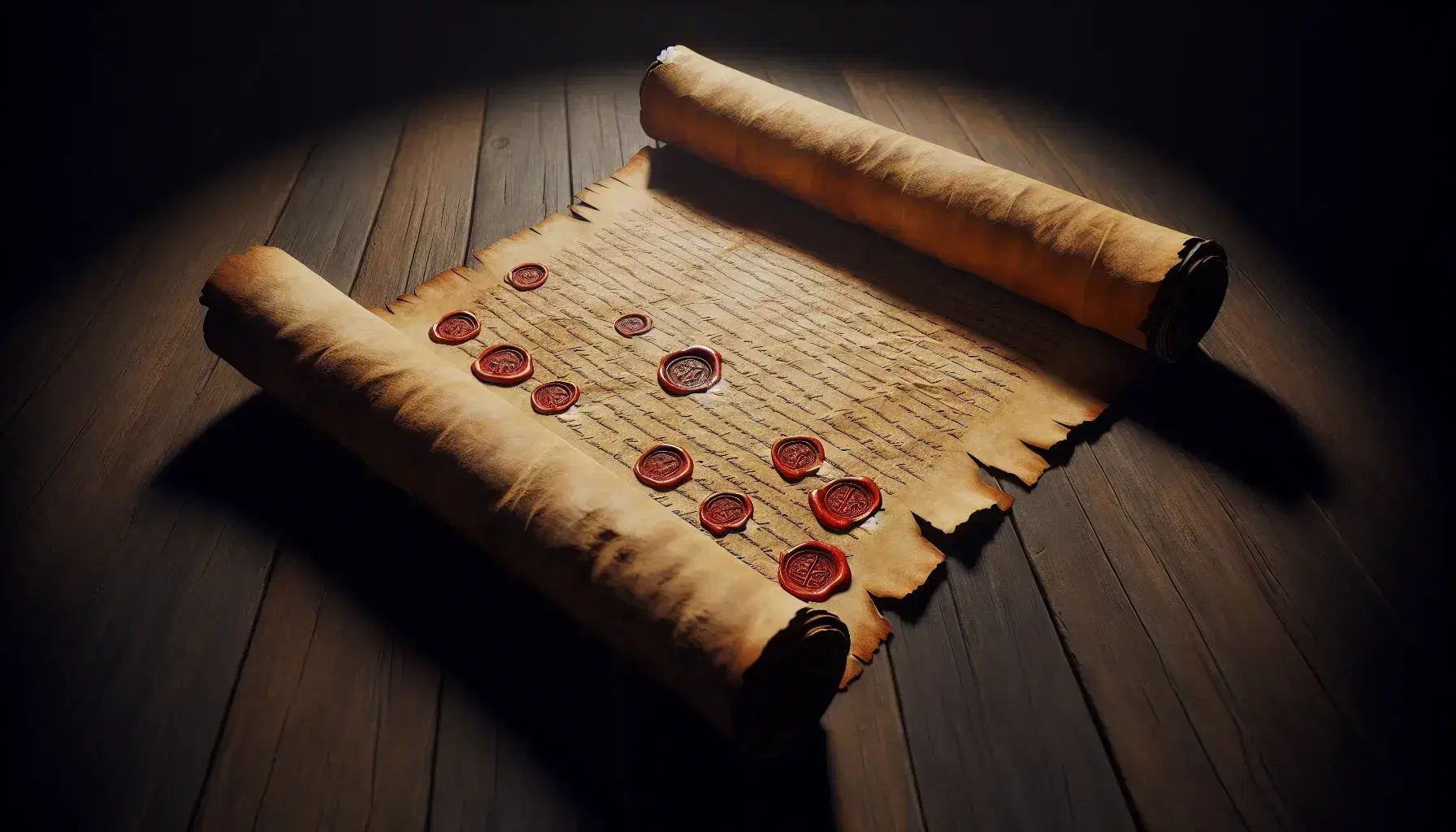 Antiguo pergamino desenrollado con bordes irregulares y siete sellos de cera roja sobre superficie de madera oscura, sin textos visibles.