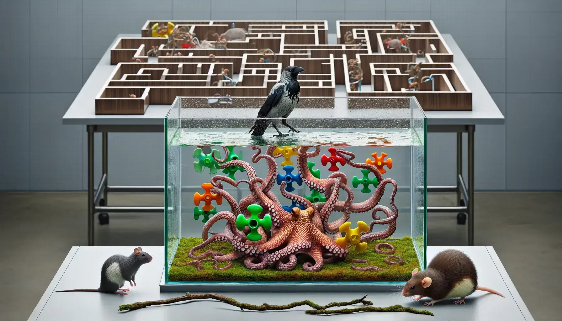 Octopus solves colorful puzzle in aquarium, rat in transparent maze and crow uses twig as tool in controlled laboratory environment.