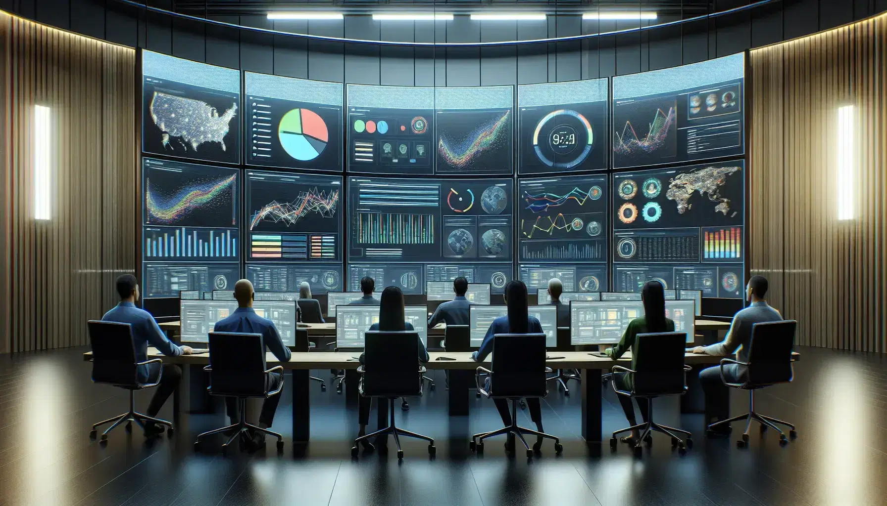 Modern security operations center with curved monitors and colorful graphics, team of experts at work, soft lighting and night view of the city.
