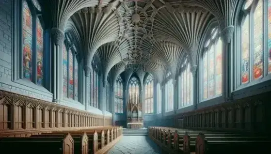 Interior of a Gothic church with pointed arches, ribbed vaulted ceiling, polychrome stained glass windows without writing and wooden benches leading to the altar.