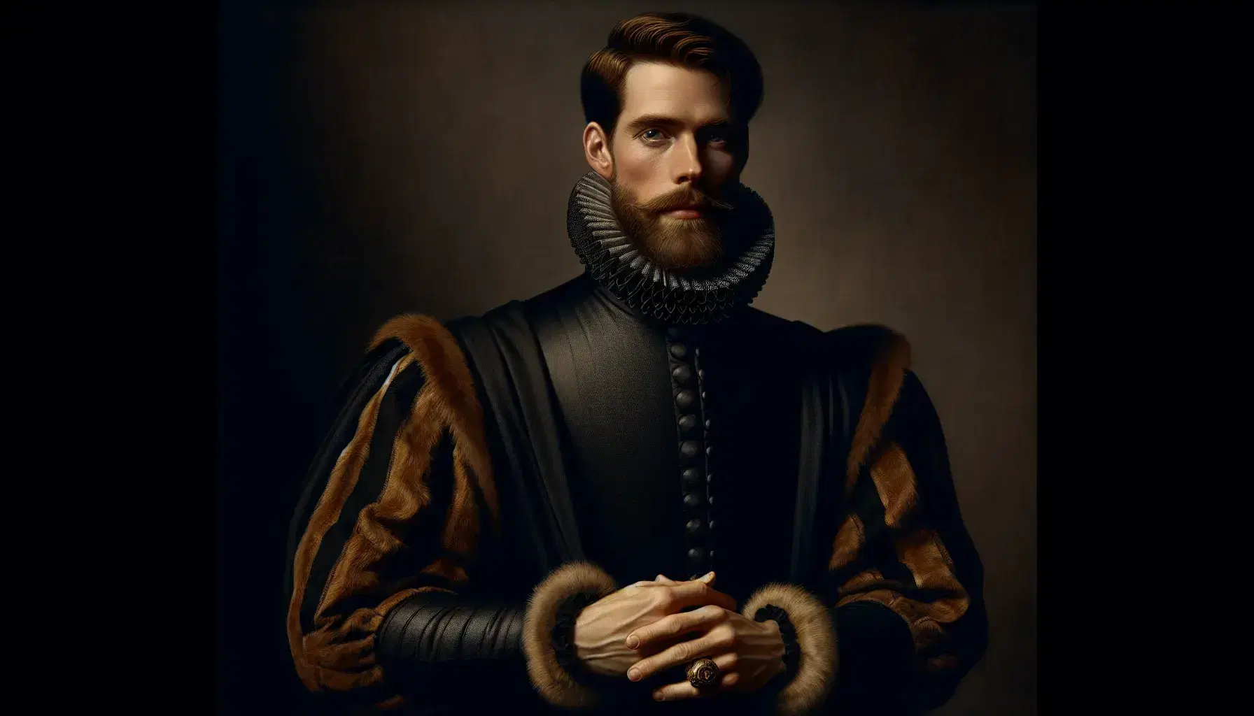 16th-century English nobleman in black doublet and fur-lined robe, gold ring on finger, set against a dark Tudor-era interior backdrop.