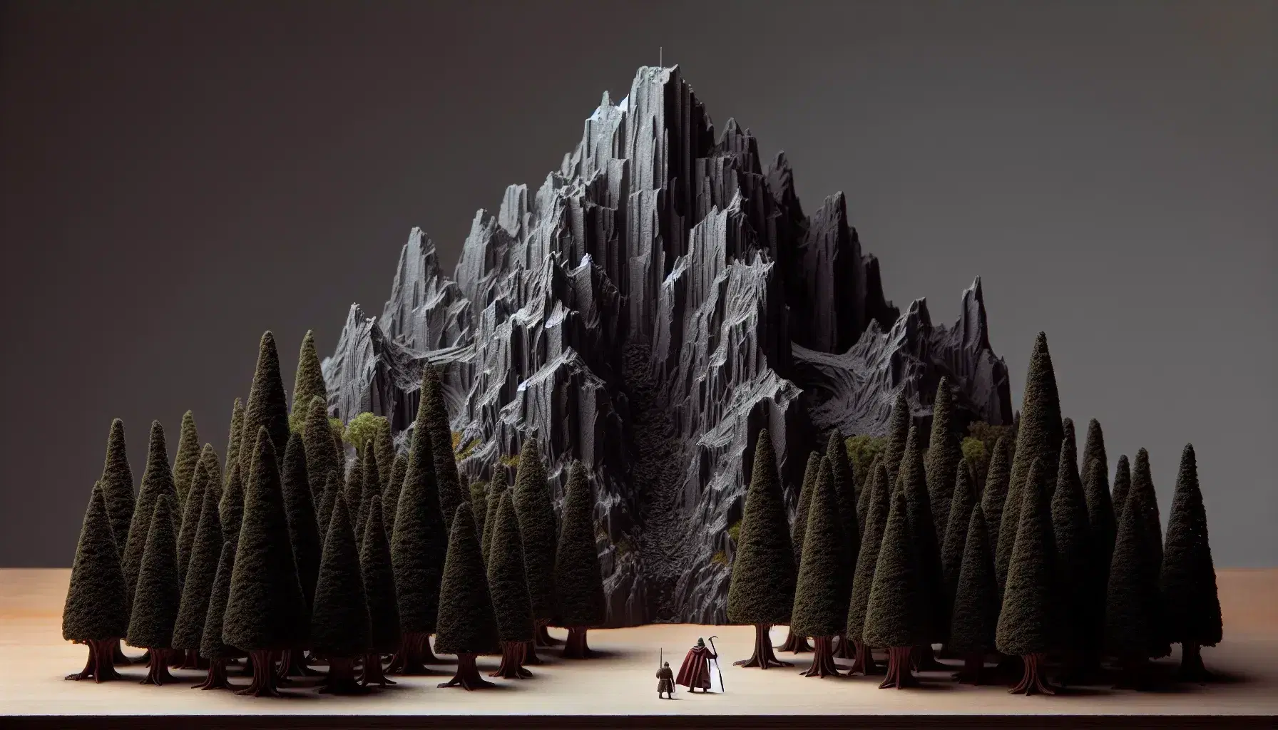 Riproduzione in miniatura di una foresta oscura con alberi frondosi e montagna grigia, figura umana in abiti medievali osserva la vetta, cielo azzurro sereno.