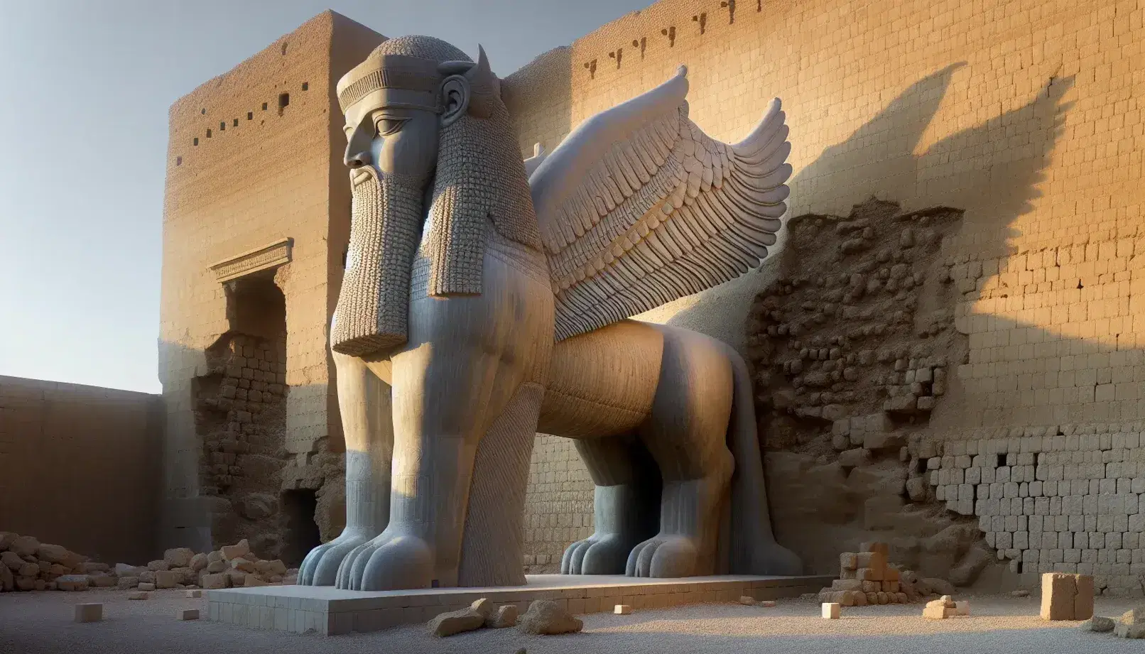 Statua assira di lamassu con corpo di toro, ali di aquila e testa umana all'ingresso di una porta antica, sotto luce solare.