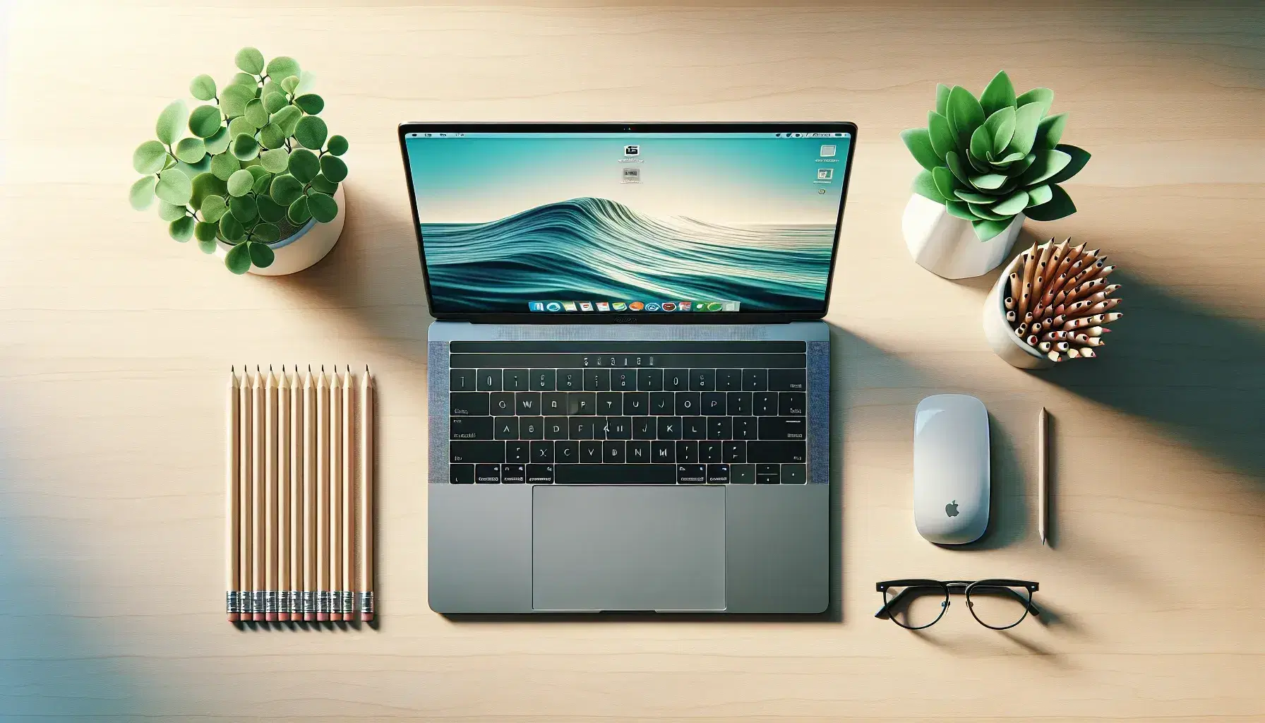 Tidy desk with open laptop, white cup with sharp pencils, green plant and black glasses on light wooden surface.
