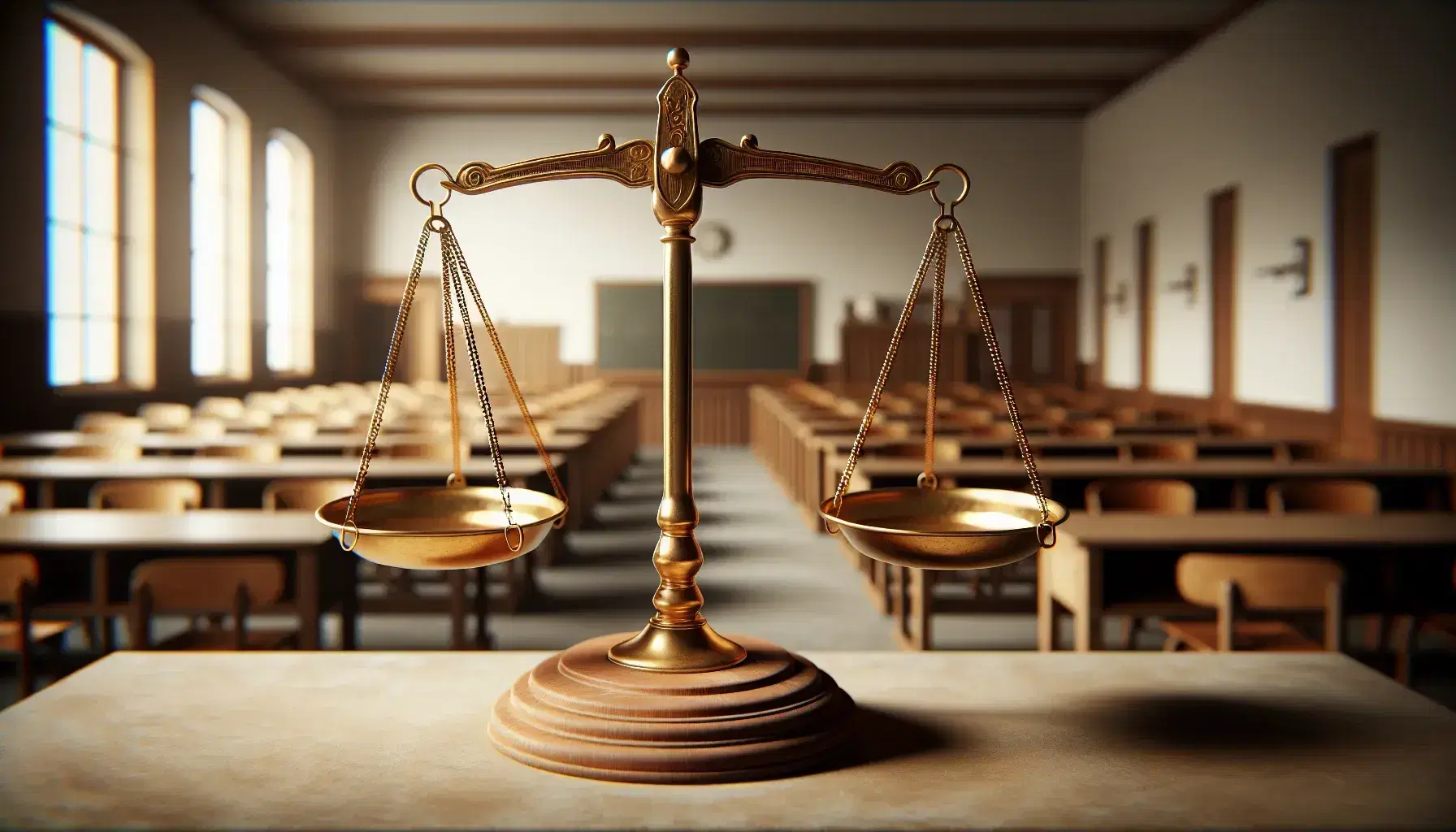 Balanced wooden scale with empty brass pans in a serene classroom, symbolizing fairness and equality in an educational setting.