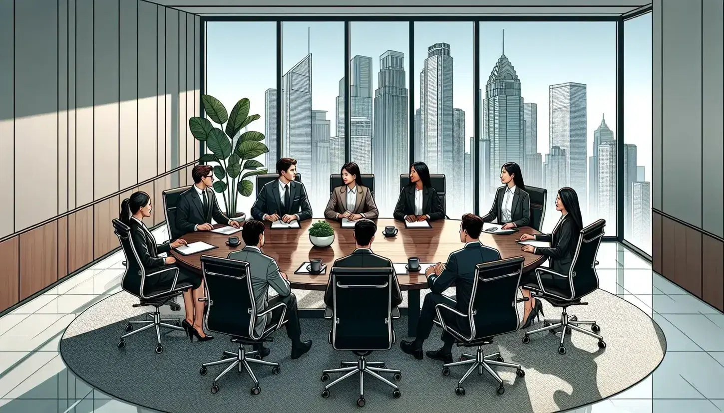 Diverse team of professionals engaged in a meeting around an oval table in a well-lit office with a cityscape view through large windows.