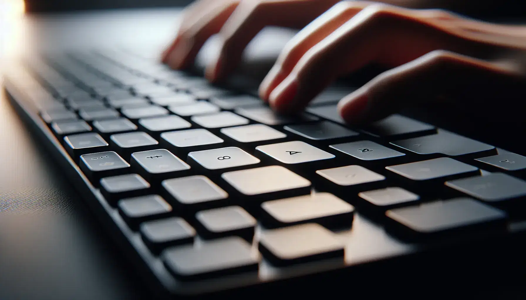 Teclado de computadora moderno en primer plano con teclas negras mate y disposición QWERTY, reflejo sutil de luz y mano humana desenfocada en uso.