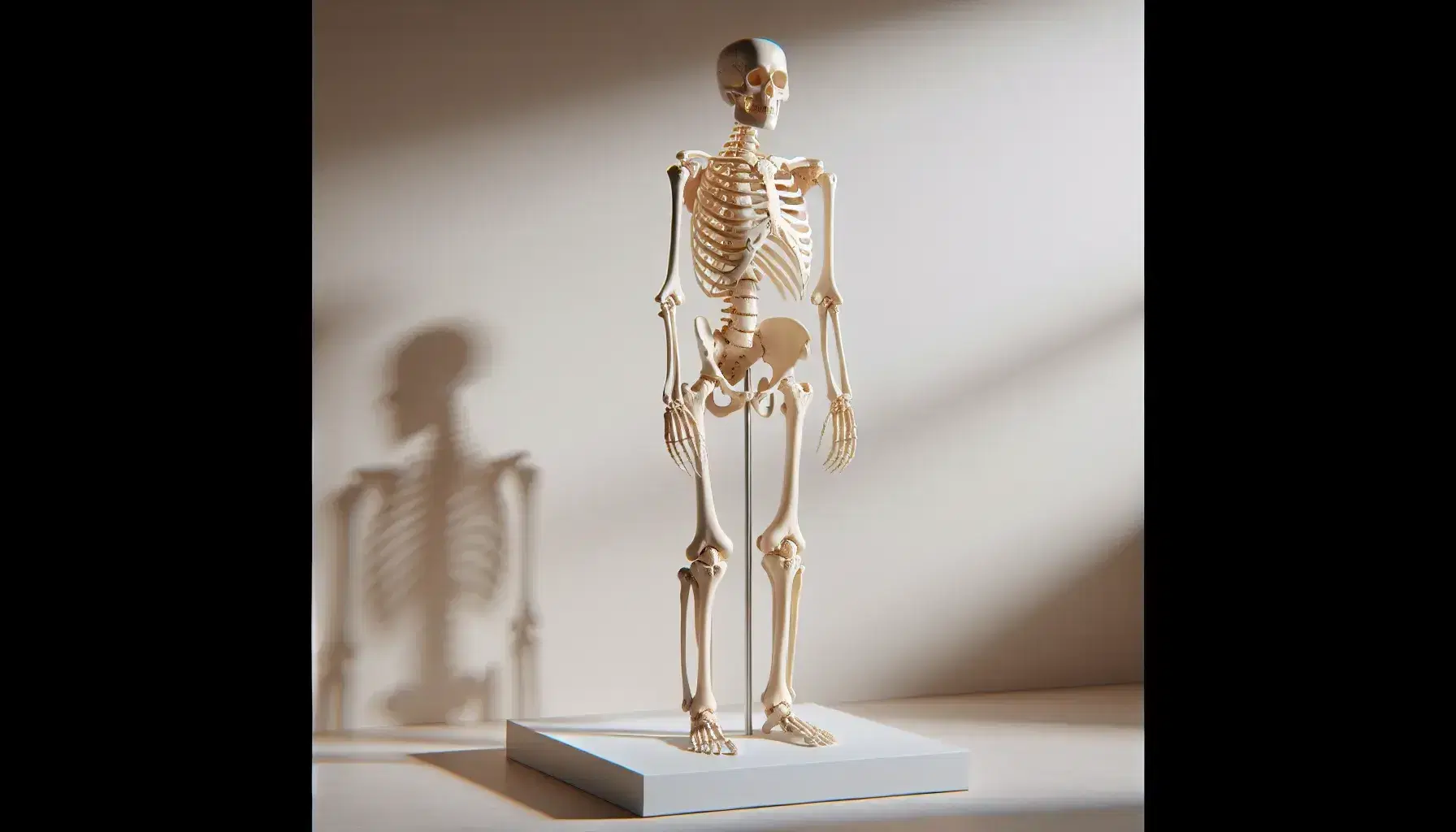 Modello anatomico dettagliato del sistema scheletrico umano su piedistallo bianco, con ossa color avorio e sfumature tridimensionali.