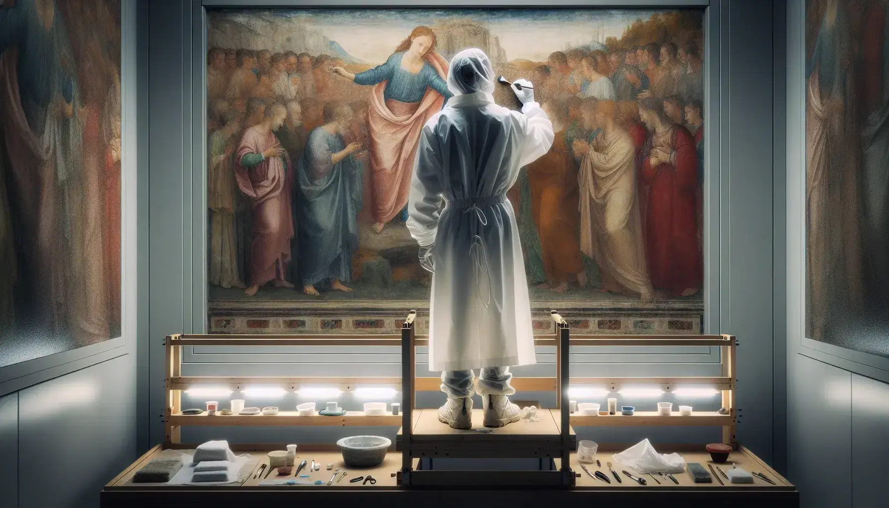 Restauratore in camice bianco lavora con attenzione su un affresco usando un pennello sottile, su una piattaforma di legno, circondato da strumenti di restauro.