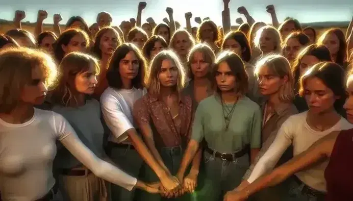 Gruppo eterogeneo di donne in cerchio tenendosi per mano all'aperto, simboleggiando solidarietà e forza collettiva sotto un cielo azzurro.