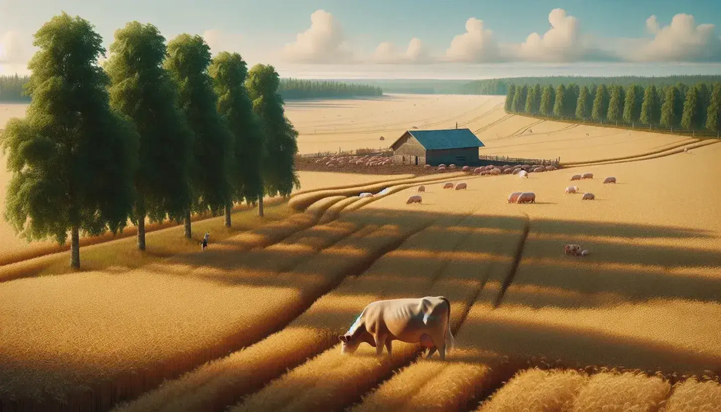 Paesaggio agricolo finlandese estivo con campo di grano dorato, mucca al pascolo in primo piano e gruppo di maiali vicino a stalla.
