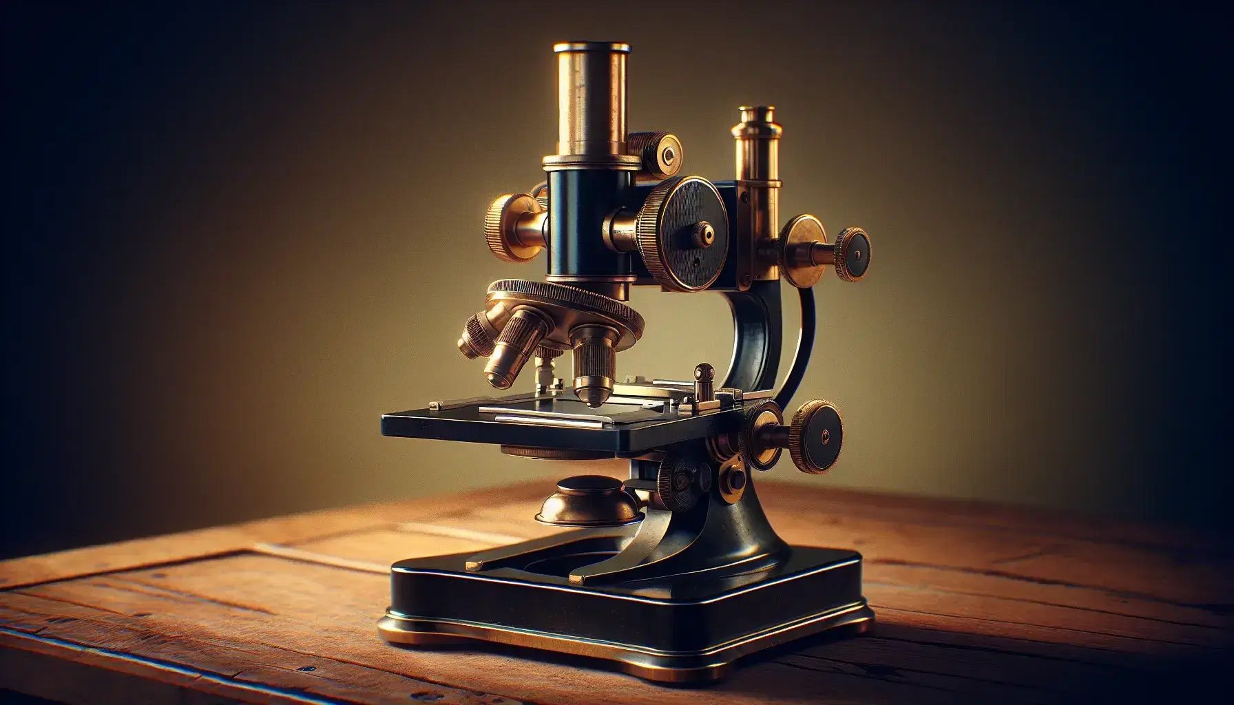 Vintage late 19th-century brass microscope with black enamel body, golden adjustment knobs, and a concave mirror on a soft brown gradient background.