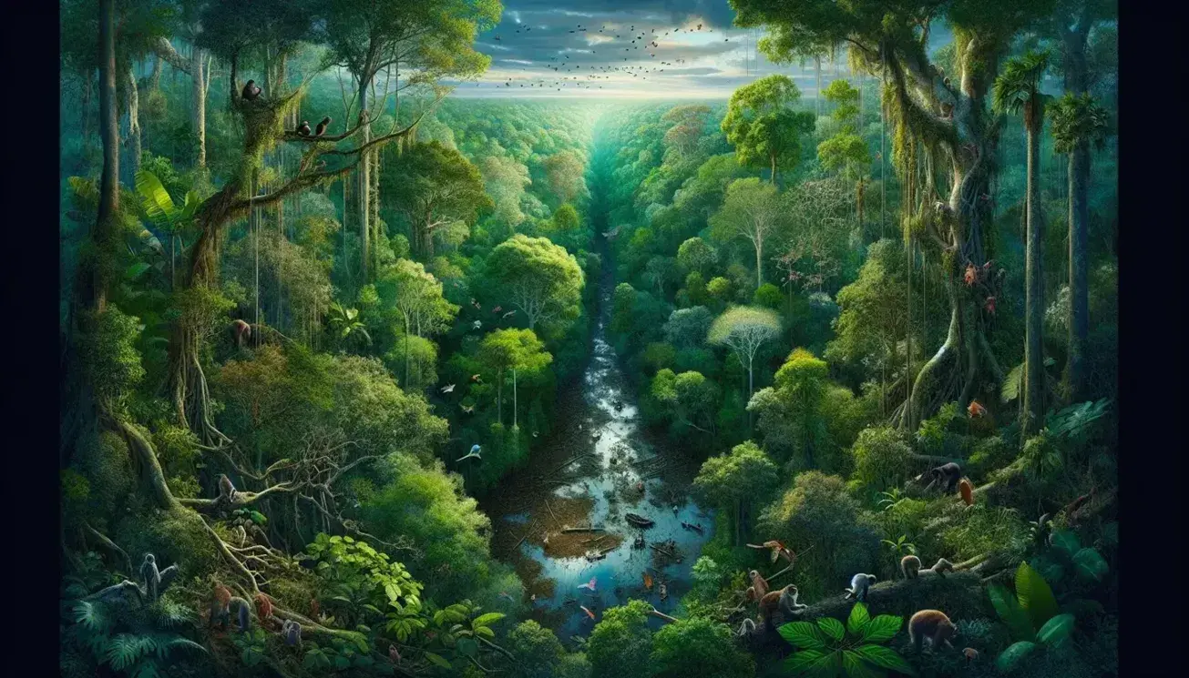 Vista aerea di una foresta pluviale rigogliosa con chioma di alberi, corsi d'acqua, animali selvatici tra cui scimmie e uccelli, senza segni di presenza umana.