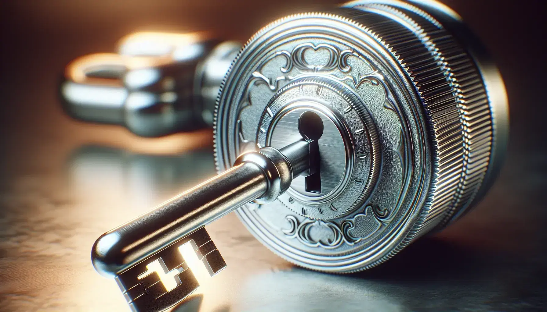 Traditional metal key inserted halfway into a cylinder lock, with intricate design and brushed finish on neutral blurred background.