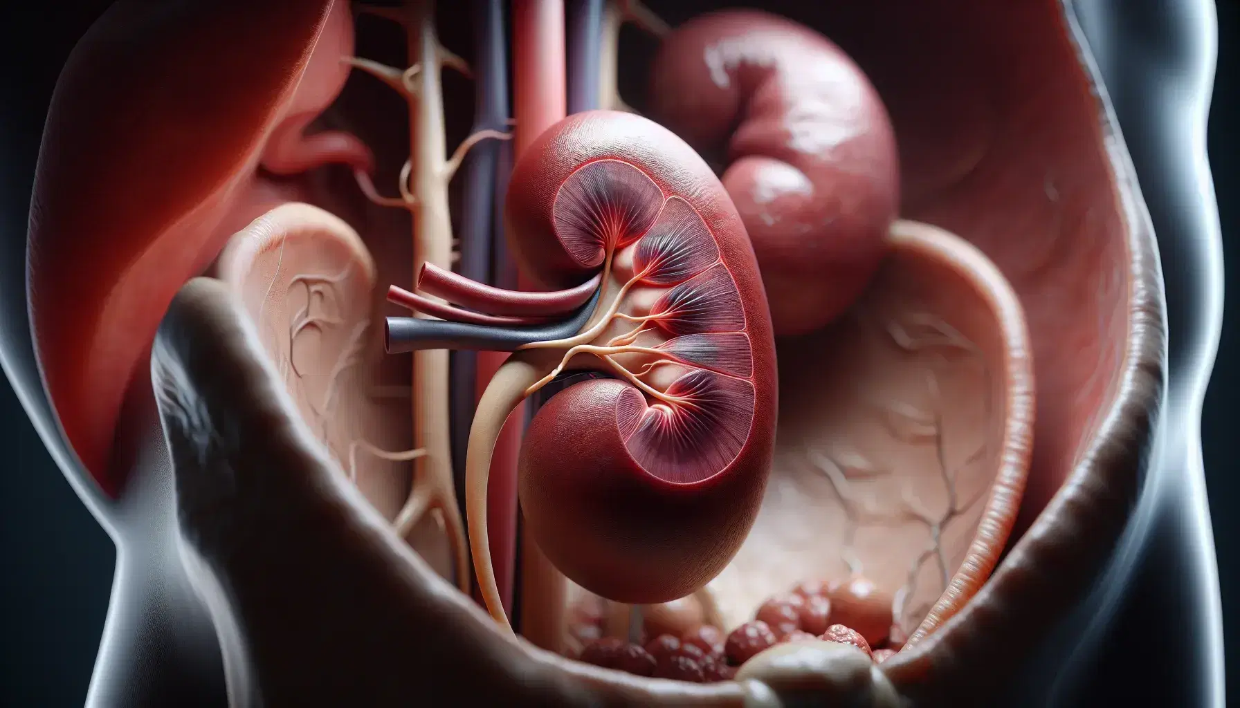 Riñón humano realista con glándula suprarrenal y uréter destacados, en contexto anatómico con fondo oscuro.