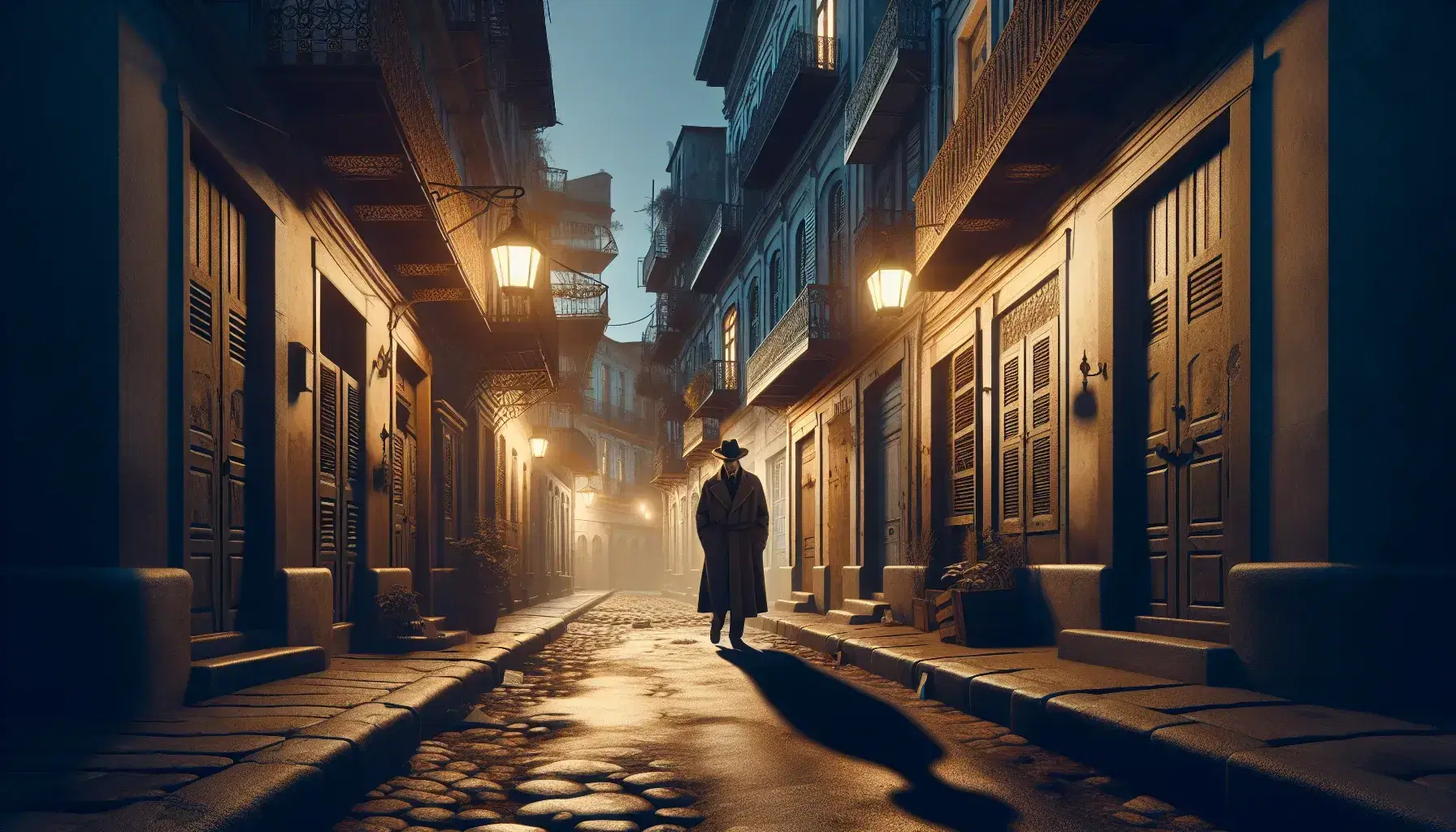 Callejón empedrado de barrio antiguo al anochecer con figura humana vestida de época, faroles iluminando suavemente y balcones de hierro forjado.