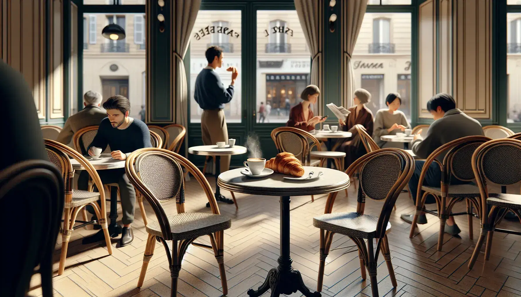 Classic French café scene with a round bistro table, rattan chairs, coffee, croissant, diverse patrons conversing, cream walls, terracotta floor, and large windows.