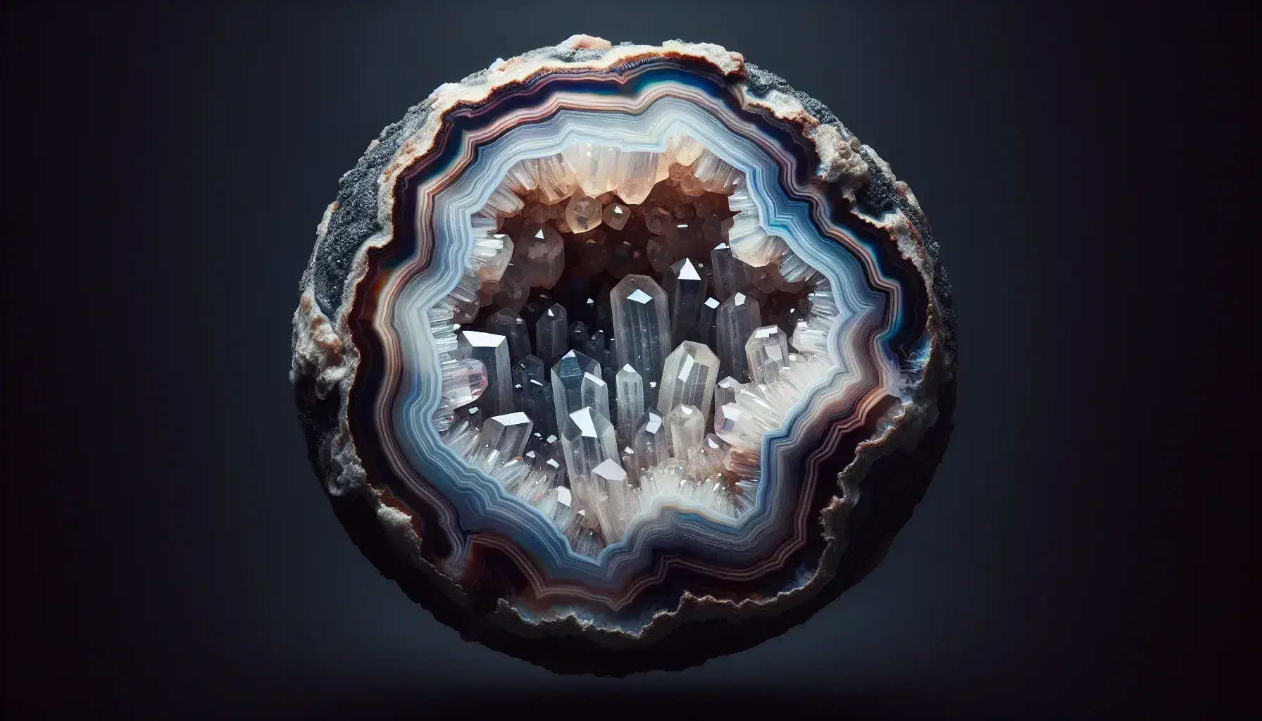 Sezione trasversale di una geode con cristalli scintillanti al centro e strato esterno ruvido, evidenziando la bellezza naturale delle formazioni rocciose.
