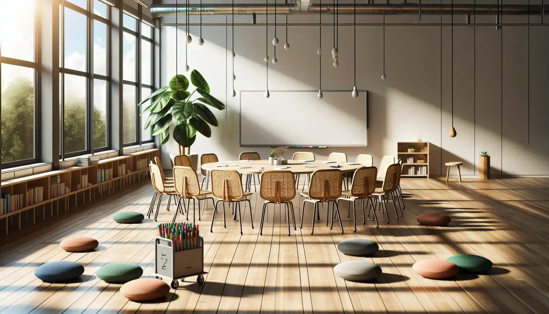 Aula luminosa con sedie di legno in cerchio, lavagna bianca, carrello con pennarelli, pianta verde e cuscini colorati sul pavimento.