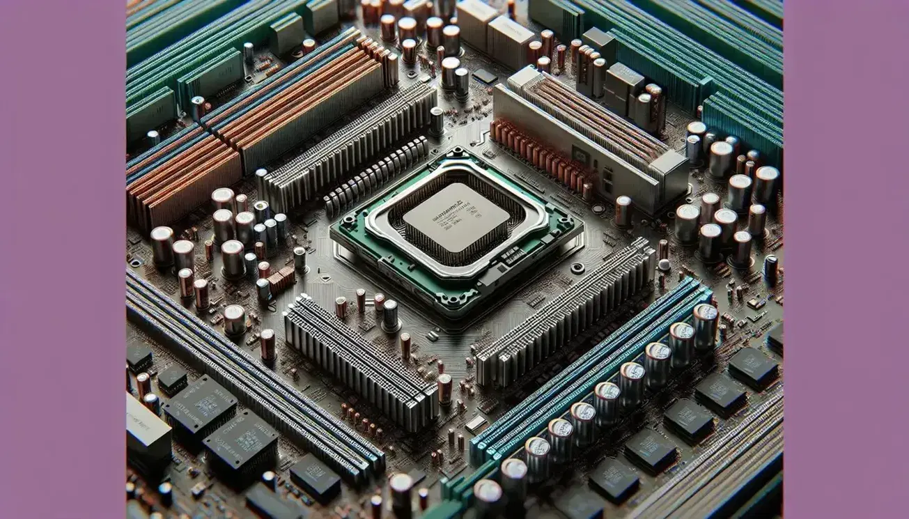 Close-up of a computer motherboard with CPU socket, heatsink, installed RAM, metal capacitors, resistors and black expansion slots.