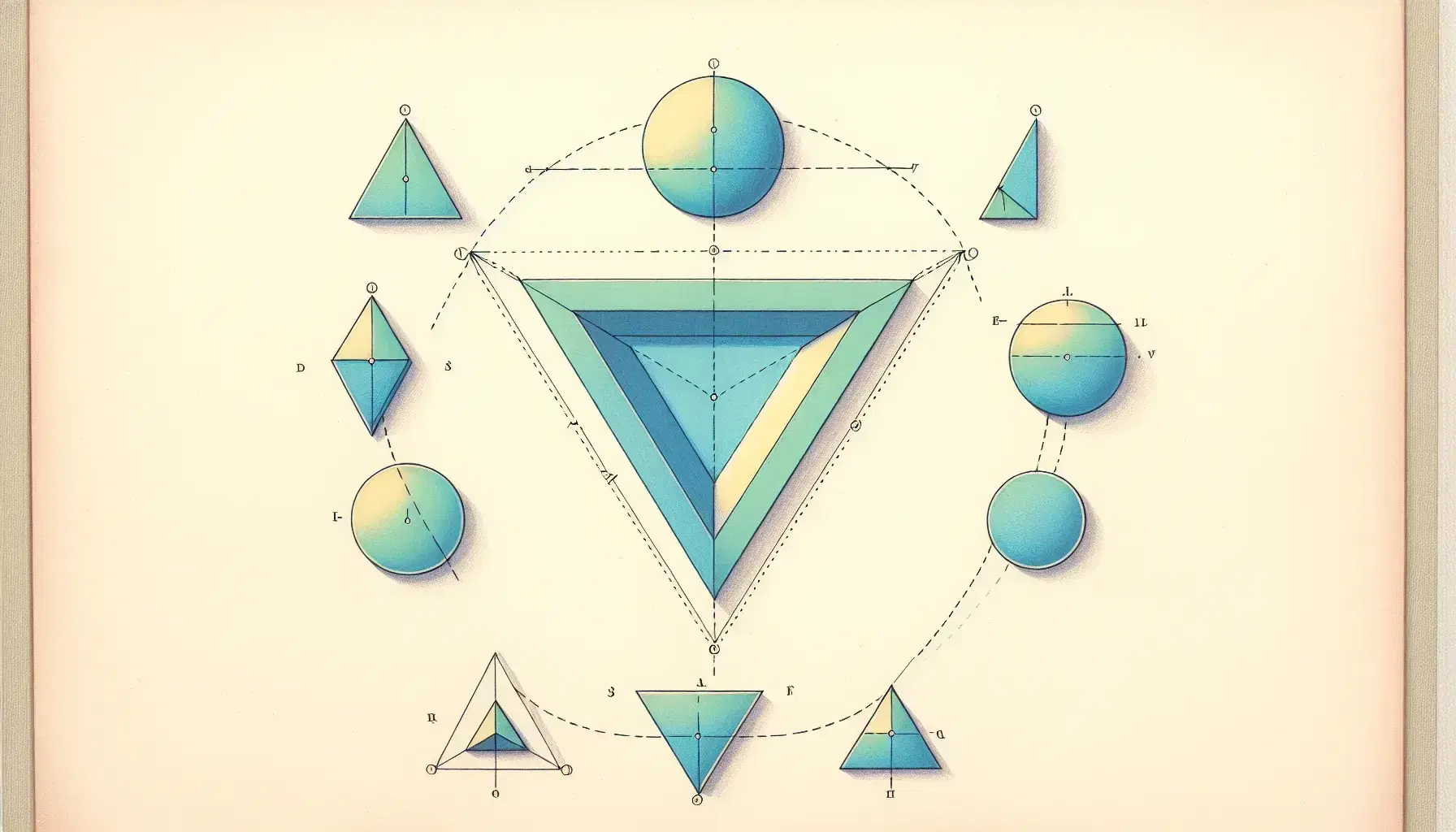 Geometric shapes demonstrating transformations: blue equilateral triangles translated, green rectangles rotated, pink circles reflected, yellow pentagons flipped.
