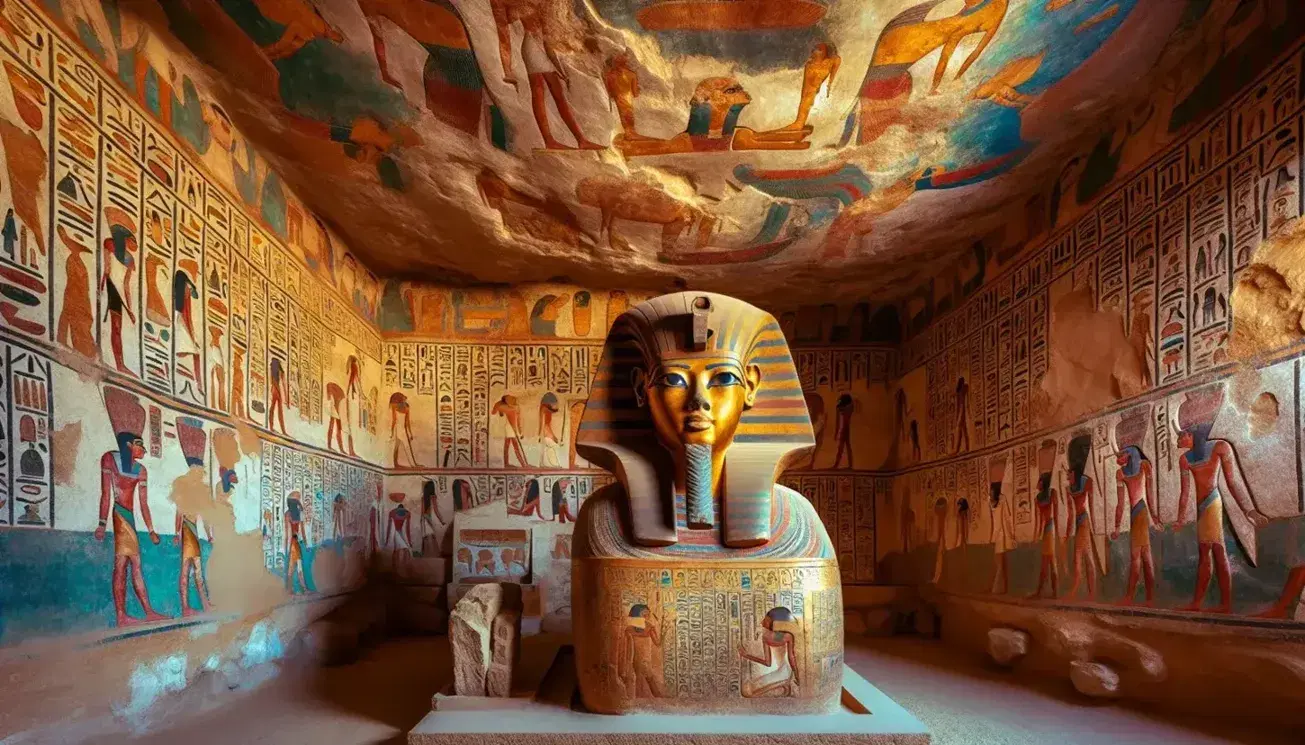 Interno di una tomba egizia con pareti decorate da affreschi di divinità e scene quotidiane, sarcofago centrale ornato e oggetti funerari.