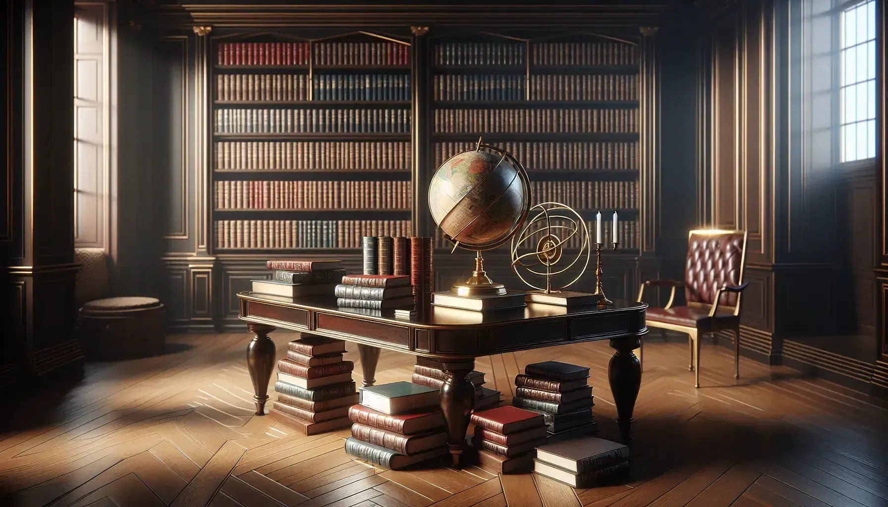 Biblioteca clásica con mesa de madera oscura, libros coloridos, esfera armilar dorada y estantería llena de libros, iluminada cálidamente.