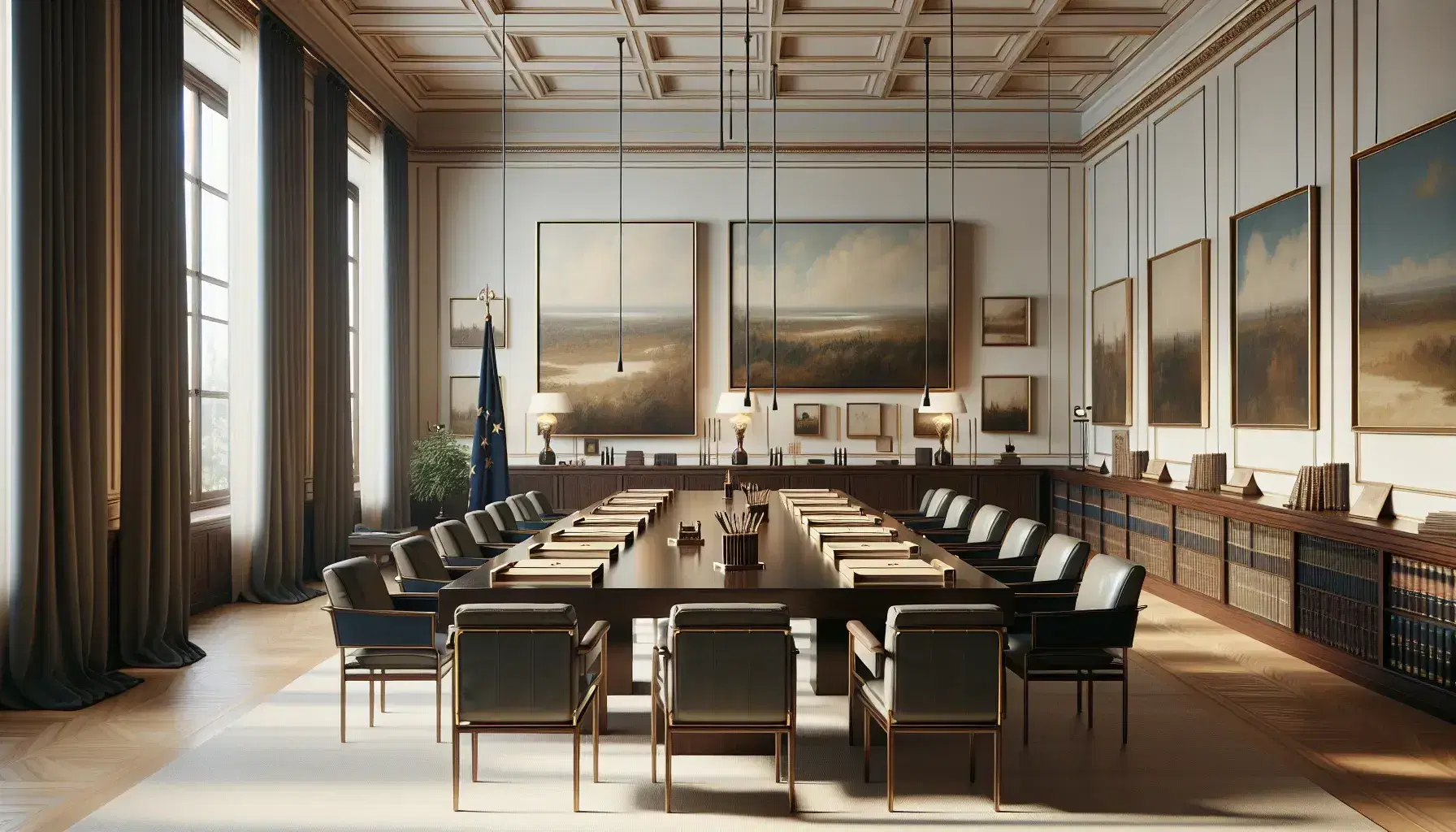 Sala amplia con mesa de madera oscura, sillas tapizadas en azul, ventanas grandes, cuadros abstractos, estantería con libros y alfombra gris.