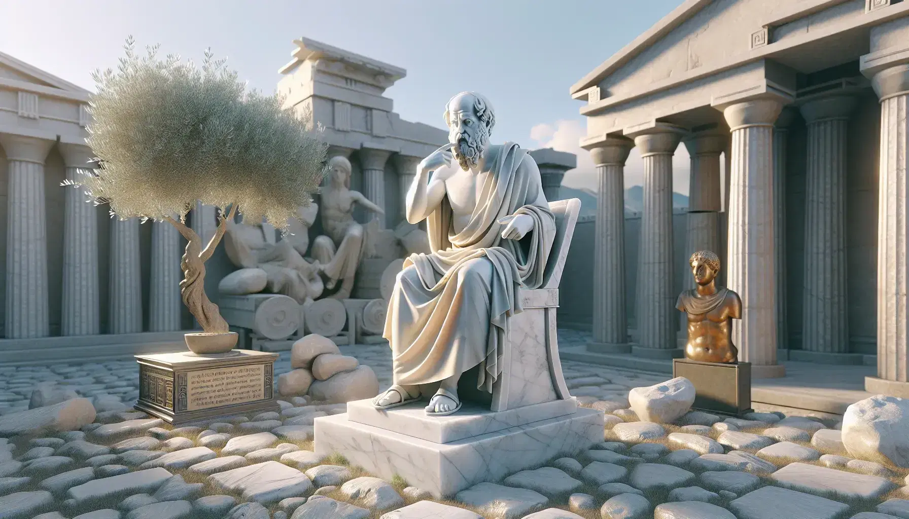 Estatua de mármol de Sócrates pensativo con mano izquierda alzada en una antigua ágora griega, con réplica del Templo de Apolo y olivo bajo cielo azul.