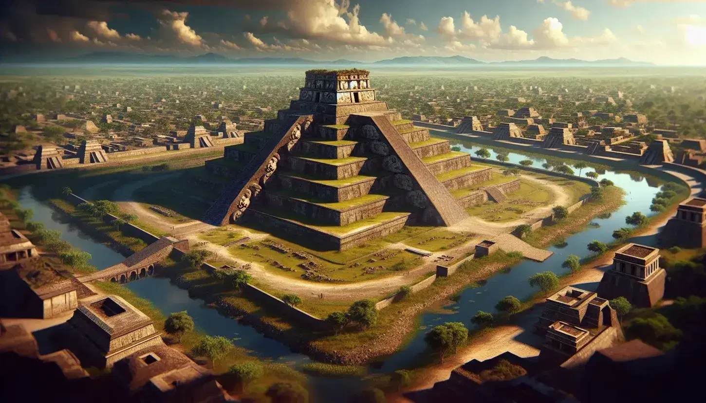 Vista panorámica de una antigua ciudad mesoamericana con una pirámide escalonada central, estructuras menores alrededor, reflejo en un cuerpo de agua y vegetación circundante bajo un cielo parcialmente nublado.