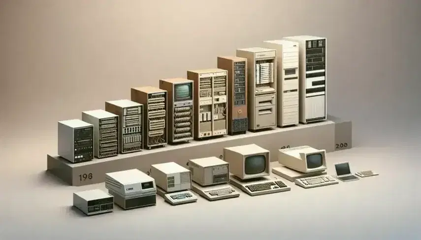 Evolución de computadoras desde modelos antiguos con cables hasta modernos con pantalla plana y teclado delgado, mostrando avances tecnológicos.