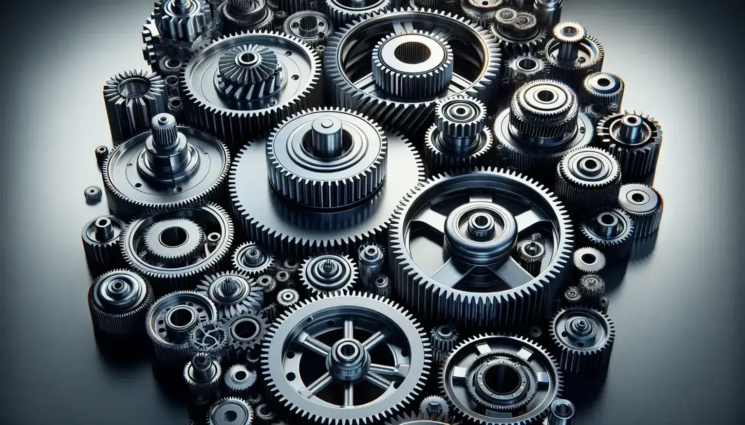 Ingranaggi meccanici metallici interconnessi di varie dimensioni con un ingranaggio centrale riflettente, illuminati da luce superiore.