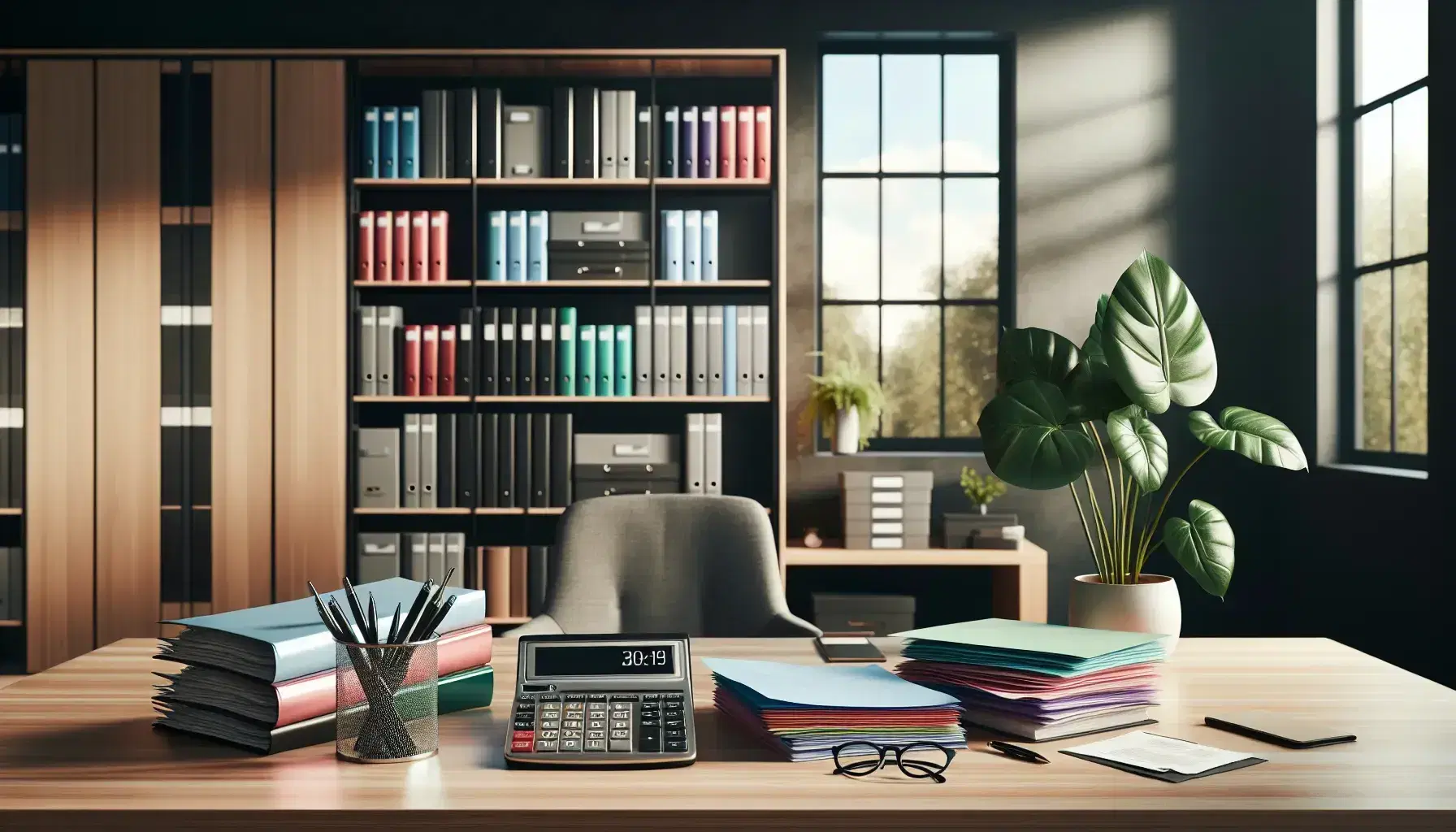 Oficina moderna con escritorio de madera clara, calculadora grande, papeles coloridos y planta verde en maceta blanca, estantería con libros y carpetas al fondo.
