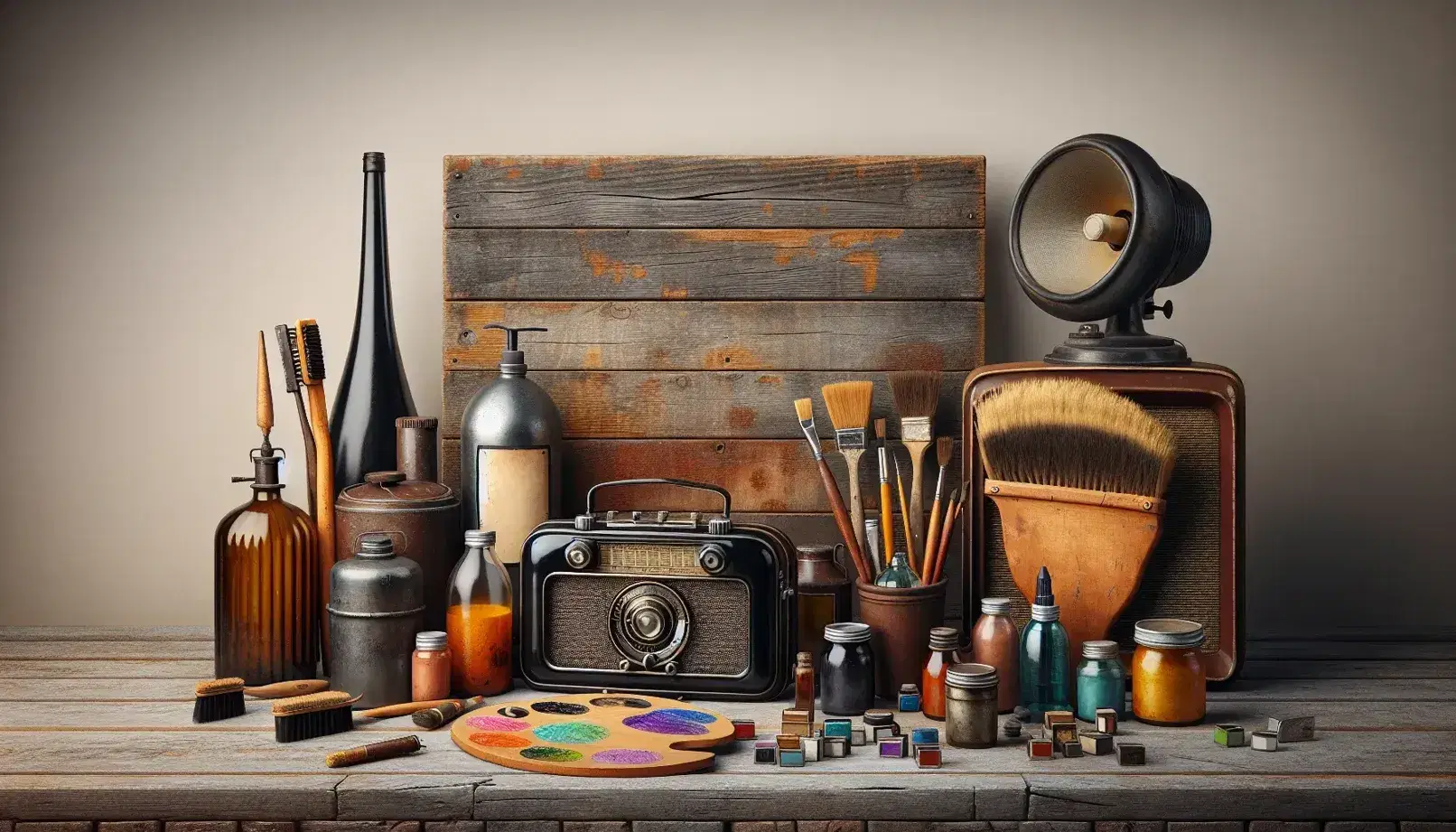 Colección de objetos de publicidad y marketing con cámara vintage, pincel con pintura, cartel de madera vacío, contenedores de vidrio y metal, radio bakelita, televisión antigua, paleta de colores y megáfono metálico.