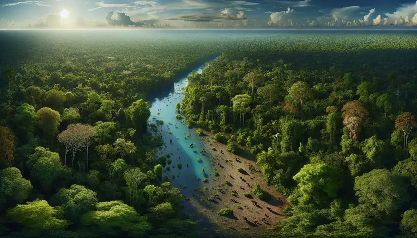 Vista panorámica de un bosque frondoso con árboles de tonos verdes, un río serpenteante y fauna diversa cerca del agua bajo un cielo azul.