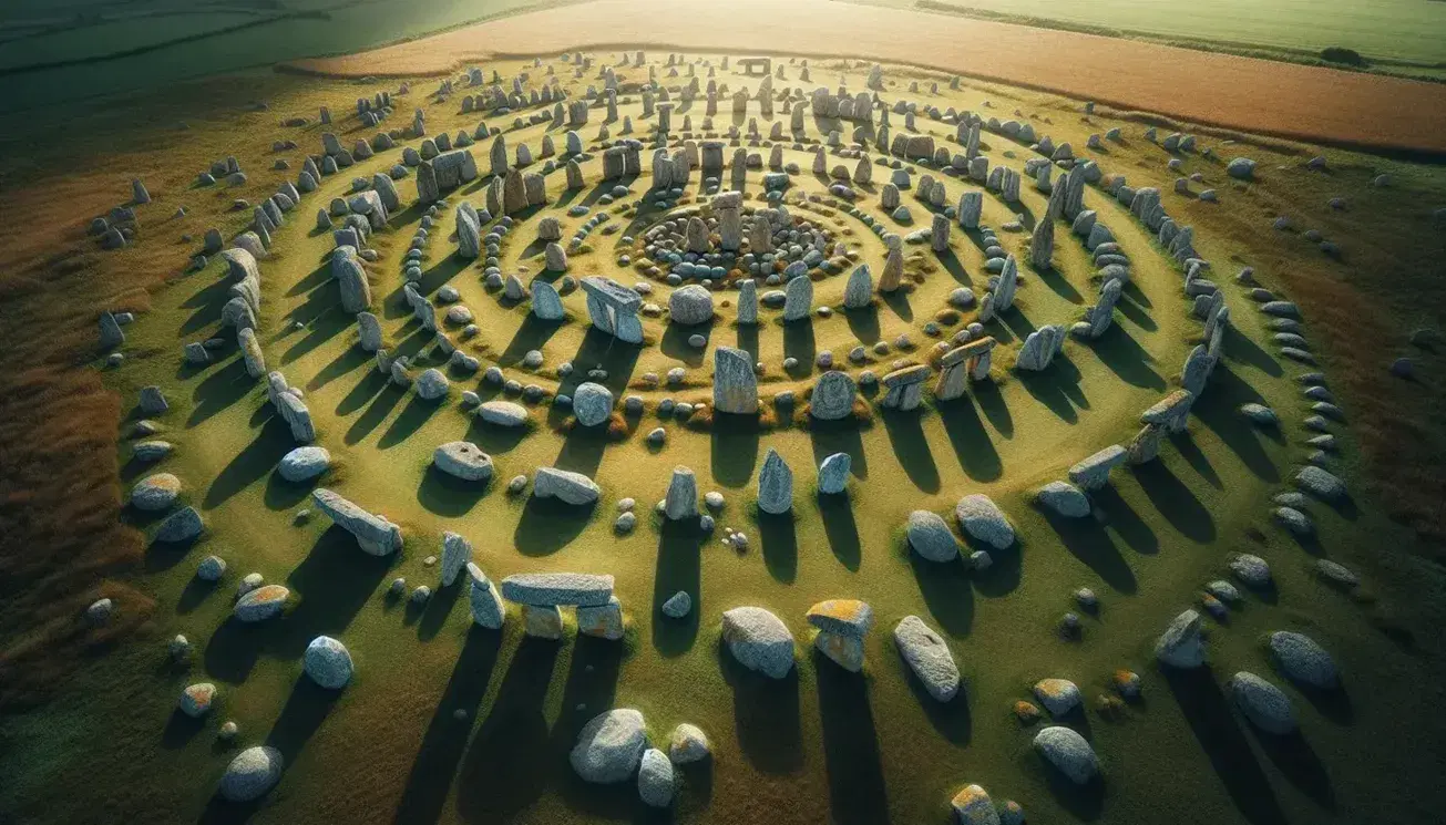 Vista aerea del sito archeologico megalitico di Saint-Martin-de-Corléans con strutture circolari e rettangolari in pietra su erba verde.