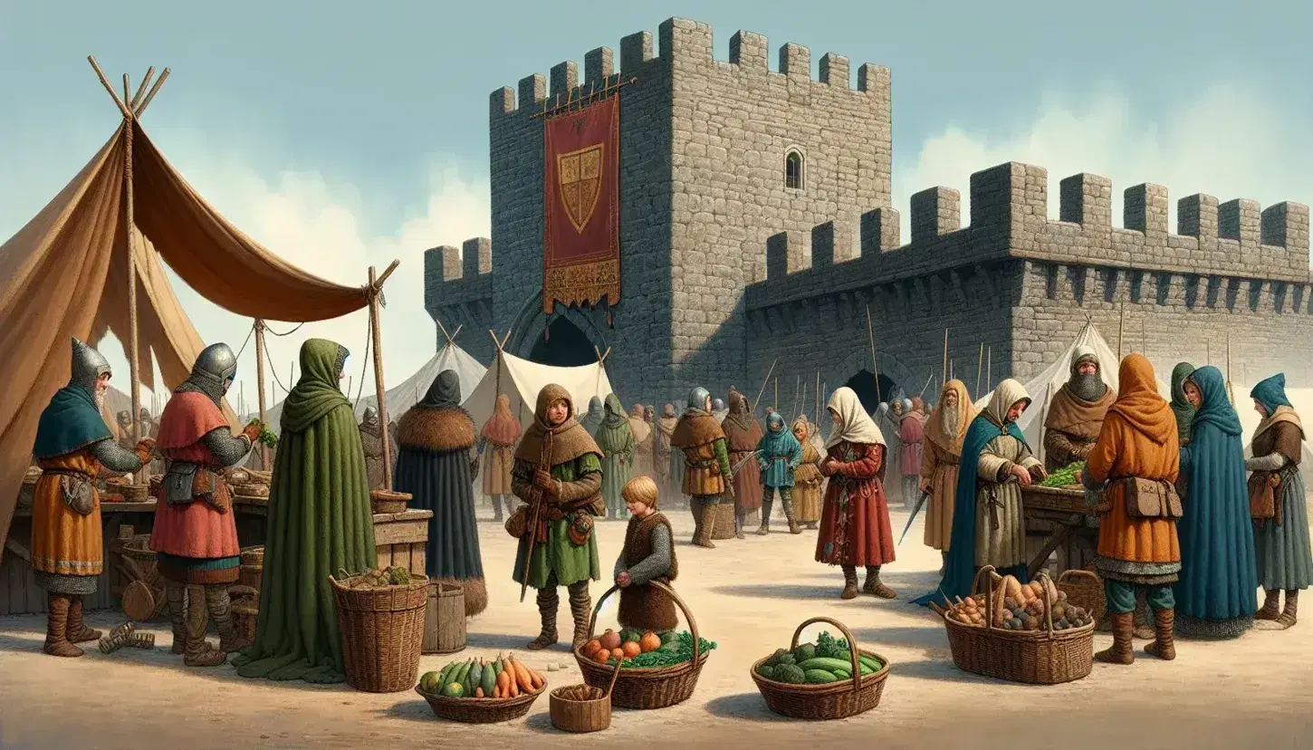 Escena de mercado medieval con personas intercambiando productos, un juglar tocando laúd y una construcción de piedra al fondo bajo un cielo azul.