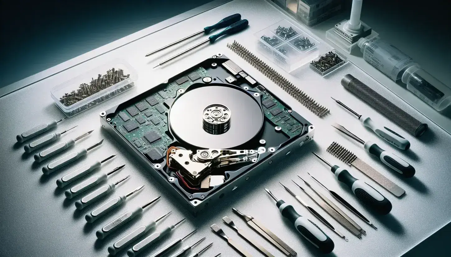 Workbench of a data recovery laboratory with open HDD, set of precision screwdrivers, anti-static tweezers and partially disassembled SSD.