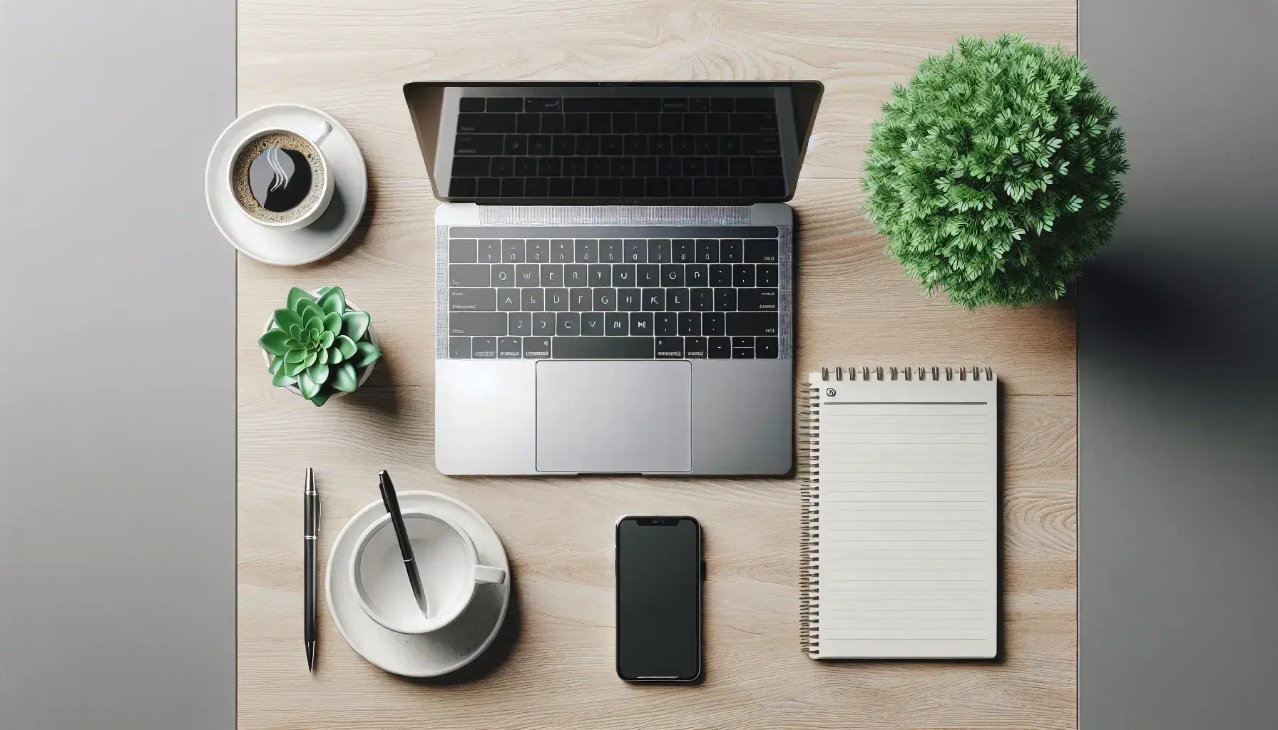 Organized desk with open laptop, green plant, cup of steaming coffee and notepad with pen on light wooden surface.