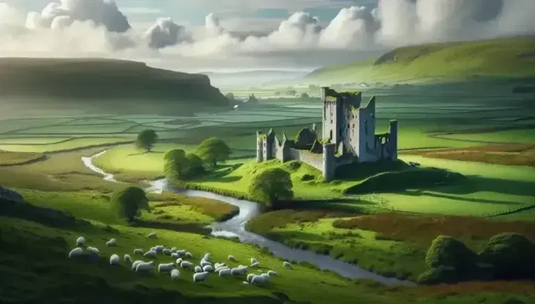 Paesaggio irlandese con antico castello in rovina, colline verdi, pecore al pascolo e ruscello, sotto un cielo azzurro con nuvole sparse.