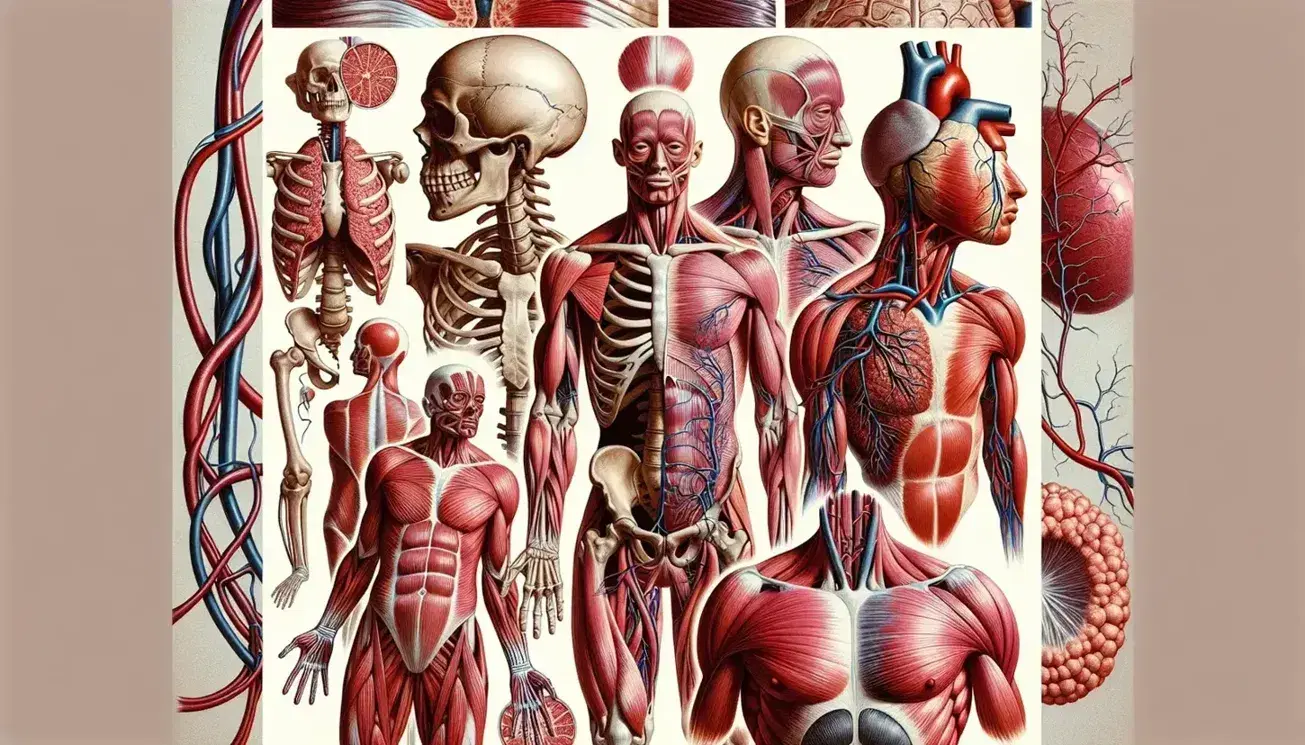 Collage of human organic systems with skeleton, muscles, heart, arteries, veins, lungs, digestive system, kidneys and nervous system on gray background.