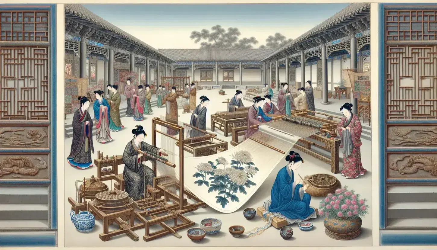Song Dynasty scene with women weaving, painting on silk, and inspecting goods in a traditional Chinese courtyard under a clear blue sky.