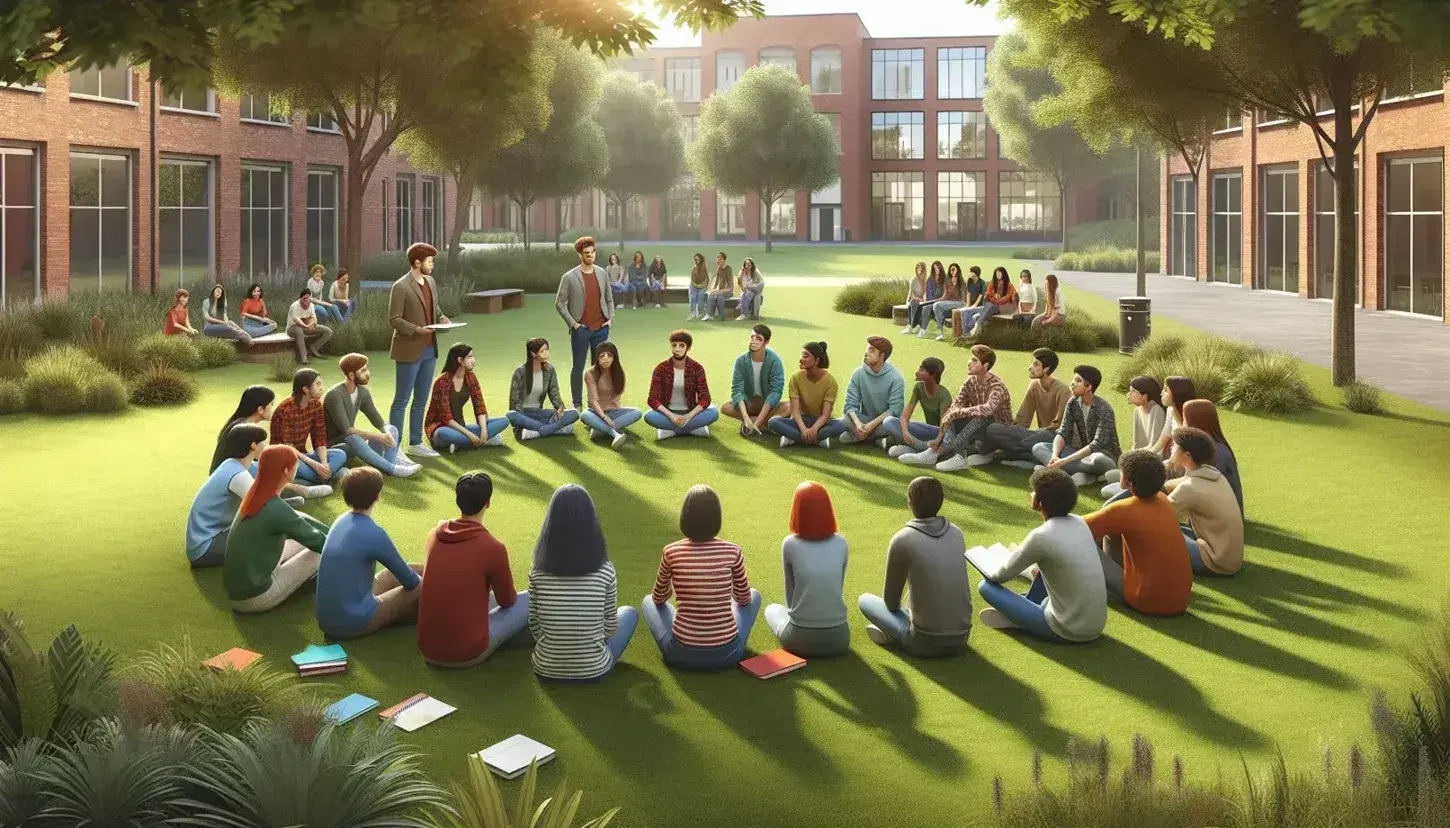 Grupo de estudiantes diversos atentos a un facilitador al aire libre en un campus universitario, sentados en semicírculo en un entorno verde y tranquilo.