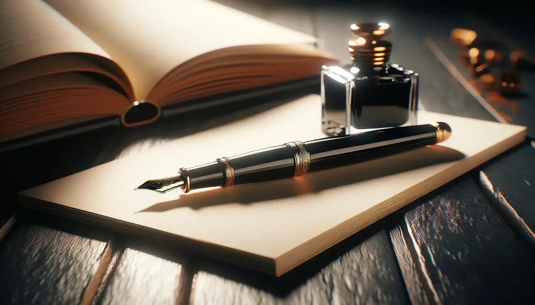 Pluma fuente negra con detalles dorados sobre pila de hojas blancas y tintero de vidrio en superficie de madera oscura, con libro abierto desenfocado al fondo.