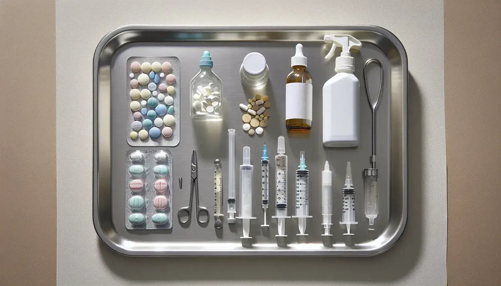 Bandeja de acero inoxidable con medicamentos y suministros médicos, incluyendo pastillas variadas, frasco de líquido, crema, gotas para ojos, inhalador, jeringas y catéter intravenoso.