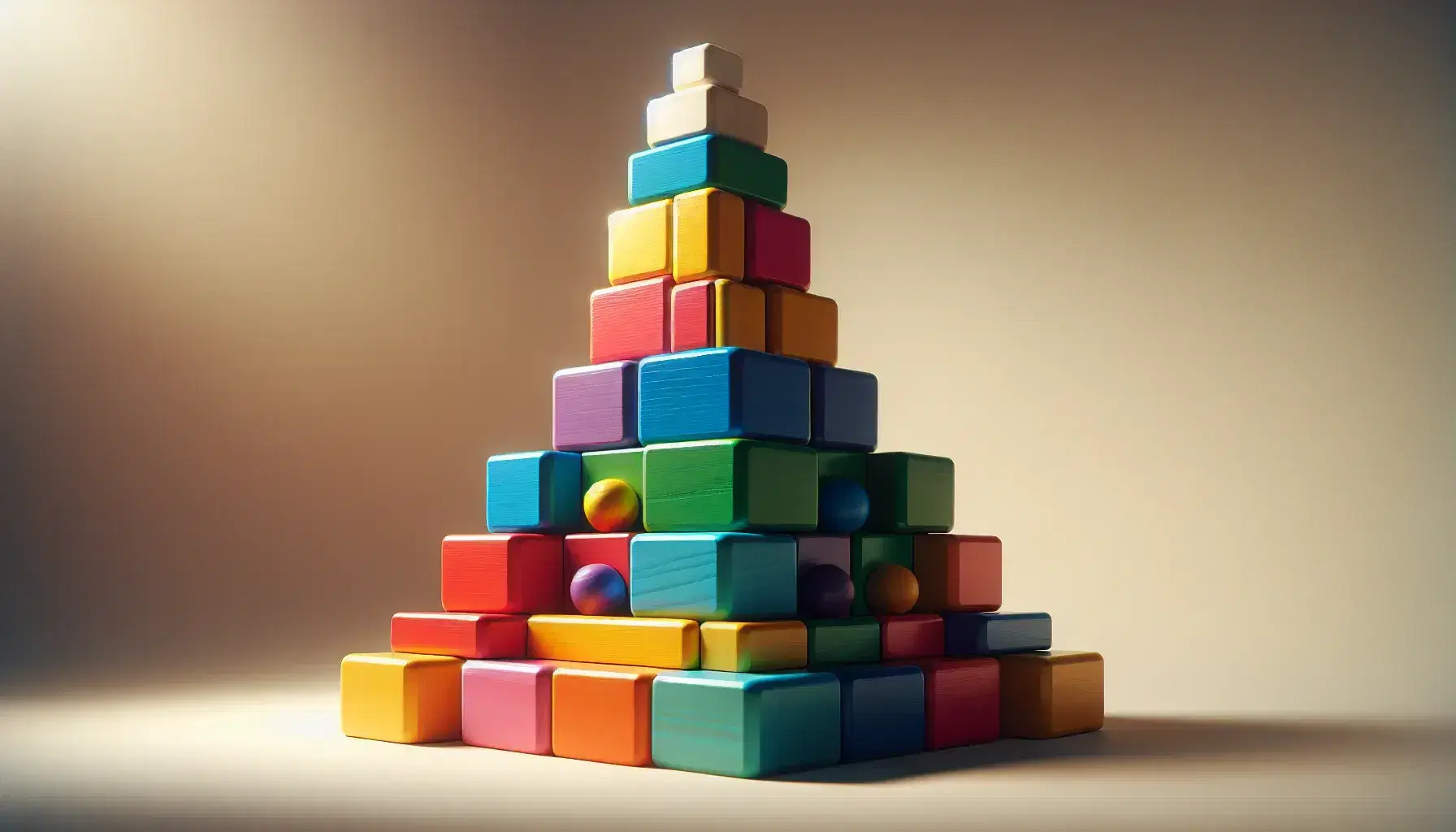 Blocchi di legno colorati impilati a piramide con base in blu, verde, rosso e giallo e cima bianca su sfondo neutro.