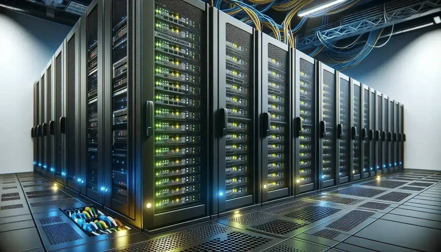Server room with black racks and green, yellow and red LED lights, raised floor for airflow and organized colored Ethernet cables.